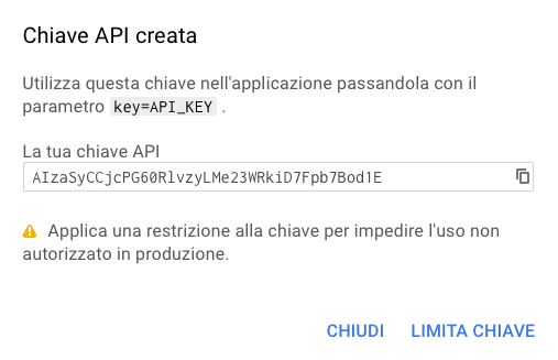 Chiave API creata